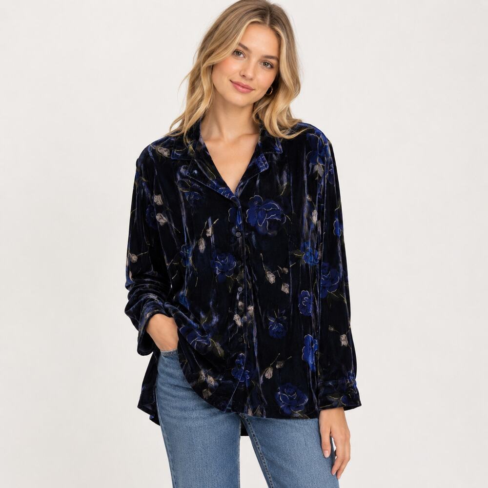 Sag Harbor Velvet Button-Up Top Women's Size 1X Blue Floral Whimsigoth Casual